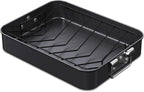 CHEFMADE Turkey Roasting Pan with V Rack, 16 Inch Deep Roasting Pan, Deep Lasagna Pan for BBQ Vegetbale and Meat 16" x 12.8" x 3" (Black)