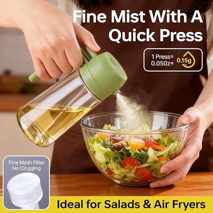 2Pcs Glass Oil Sprayer for Cooking 16oz/470ml, Kitchen Gadget for Air Fryer, Salad, BBQ, Frying（Black+Green）