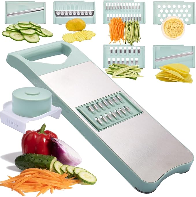 NACOLUS 6-Blade Mandoline Slicer with Slide-On Hand Guard - Vegetable Slicer, Potato/Onion/Garlic Slicer, Kitchen Grater(Multi-Color) (Seafoam green, 6-in-1)