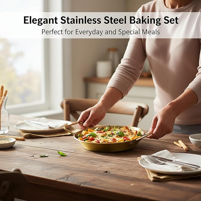 Pie pans Quirche Dishes Stainless Steel Set of 4, Specialty Gratins Pots and Pans Cookware, Au Gratin Baking Dish with Handles, 20 Oz, for Oven Roasting, Individual portion, Gold 7.5 Inch