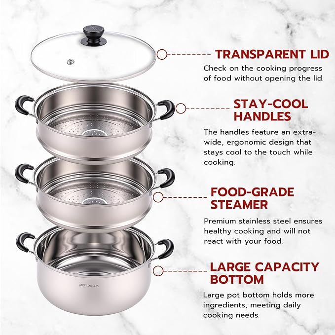 3-Tier 24 Qt Stainless Steel Steamer Pot with Glass Lid – Multi-Layer Stackable Cookware for Tamales, Vegetables & Seafood – Includes 2 Steamer Trays & Base Pot(30cm/11.8Inch)