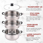 3-Tier 24 Qt Stainless Steel Steamer Pot with Glass Lid – Multi-Layer Stackable Cookware for Tamales, Vegetables & Seafood – Includes 2 Steamer Trays & Base Pot(30cm/11.8Inch)