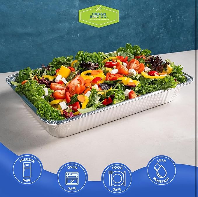 Urban Box Co. Full Size Deep Aluminum Pans (20 pk) - 21x13 inch Steam Table Chafing Pan: Extra Heavy Duty, Disposable Foil Tray for Restaurant. Ideal for Roasting, Cooking, Storing Food (20, No Lid)