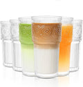 INSETLAN 20oz Ribbed & Floral Glasses Drinking Set of 6- Clear Glass Tumbler, Reusable Glass Cups for Iced Coffee, Water, Beer, Smoothies, Tea, and Juice – Perfect for Party and Daily Use