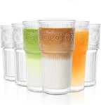 INSETLAN 20oz Ribbed & Floral Glasses Drinking Set of 6- Clear Glass Tumbler, Reusable Glass Cups for Iced Coffee, Water, Beer, Smoothies, Tea, and Juice – Perfect for Party and Daily Use