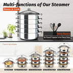 5-Tier Stainless Steel Steamer, 11.81 Inch Commercial Multi Tier Stainless Steel Cookware Pot Vegetable Meat Steamer Cooker Set w/Glass Lid for Steaming Shrimp & Miscellaneous Grains