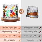 Rotatable Old Fashioned Glass, 275ml/10oz Crystal Whiskey Glass Set of 4, Wood Coaster, Thickening, Used as Rum Glass, Cocktail Cup, Coffee Cup, Milk Cup to Relax and Reduce Stress, Christmas gifts