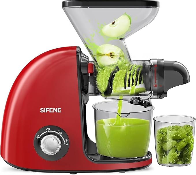 SIFENE Cold Press Juicer, 2nd Gen Dual Wide Mouth Slow Masticating Juicer for Whole Fruit, Celery & Ginger, High Yield Extractor, Quiet Motor, Reverse Function, Red