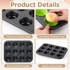 2 Set 12-cup Non Stick Carbon Steel Muffin Pan for Baking with 24 Reusable Silicone Liners, Non Toxic Cupcake Pan Muffin Tin for Easter Wedding Brownies Egg Bite, Easy to Pop(Green)