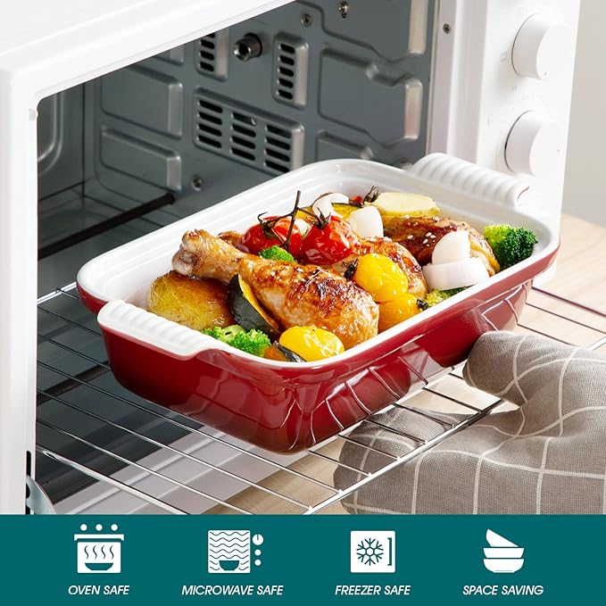 vancasso Blossom Casserole Dish With Lid, 1.9 Quart Casserole Dish for Oven, 12x7 Baking Pan with Handles, Casserole Baking Dish Lasagna Pan with Lid, Microwave, Dishwasher Safe, Red