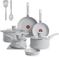 T-Fal Refresh Ceramic Nonstick Cookware Set, 12-Piece Ceramic Pots and Pans Set, Includes Stockpot, Griddle, Frying Pans, Utensils, Moon Grey
