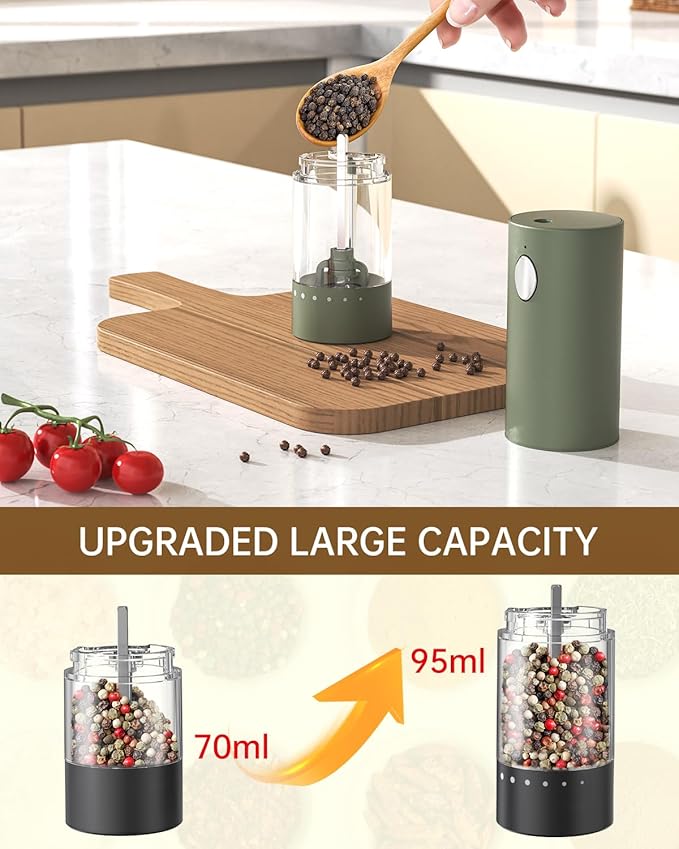 CIRCLE JOY Electric Salt and Pepper Grinder Set Rechargeable Salt and Pepper Mills with Storage Base, Adjustable Coarseness and LED White Light, Washable 95ml Container, Green