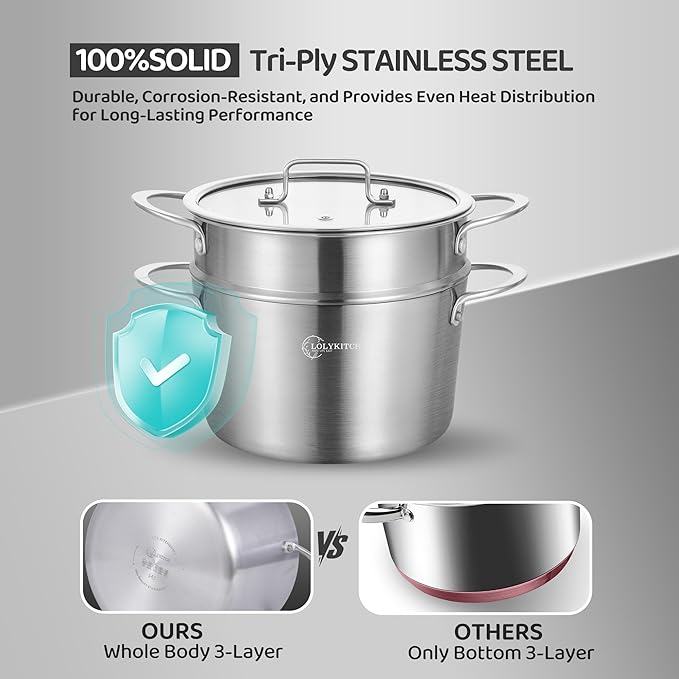 LOLYKITCH 3 Quart Stainless Steel Steamer Pot with Glass Lid, 3-Ply Steaming Pot for Cooking, 2 Tier Induction Steamer Pot for Tamales Seafood Vegetables Dumplings Stock Pot, Thick