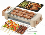 Electric Hot Dog Roller 6 Rollers,3 in 1 Indoor Grills Portable with Non-stick & Smokeless Removable Grill & BBQ Griddle Plate,Stainless Sausage Grill Cooker Machine, for Family party Use