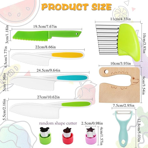 10PCS Kids Knife Set, Toddler Safe Knives for Real Cooking, Serrated Edges, Kids Cooking Utensils, Kitchen Tools for Toddlers, Potato Slicers, Cake Scraper