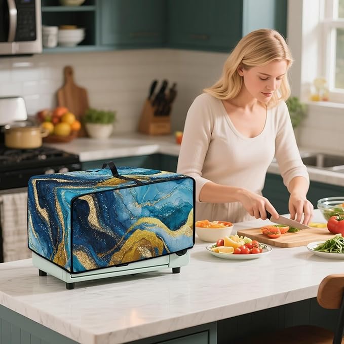 Marble Print Toaster Oven Dust Cover for Kitchen Counter, Heavy Duty Heat-resistant Microwave Oven Protective Cover Air Fryer Covers, Blue & Gold (Medium-16.1 * 19.71 * 10 inches)