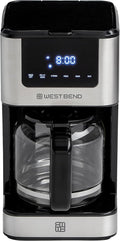 West Bend Drip Coffee Maker Brews Hot or Iced, Programmable with Brew Strength Selector Auto Shut-Off and 6 Functions Permanent Mesh Filter and Glass Carafe, 12-Cup, Metallic