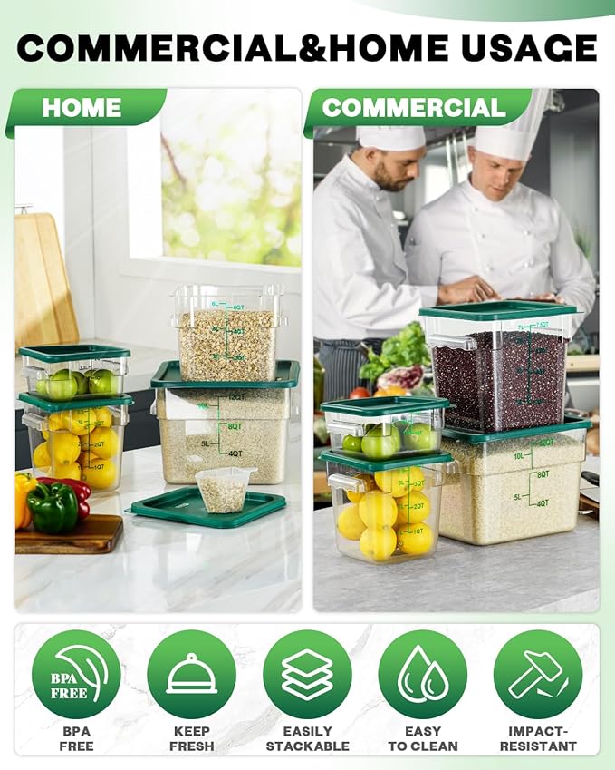 2QT4QT NSF Food Storage Containers: 6PCS [Food Grade][Hot&Cold Resistant] Commercial Clear Food Storage Containers with Lids for Restaurant Kitchen Proof Dough, Measuring Spoons Included(GREEN)