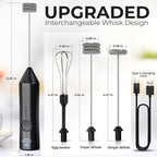 Zulay Kitchen Rechargeable Milk Frother - Dynamic - 3 Speeds, 3 Whisk Attachments, 500 mAh USB Charging, Drink Mixer For Latte, Cappuccino, Matcha, Protein Powder, Coffee Foam - Black