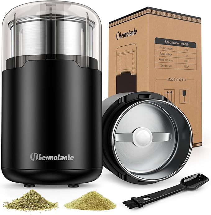 Hermolante Herb Grinder, Spice Grinder, Coffee grinder, 150 w Electric Herb Grinder with Stainless Steel Blade and Cleaning Brush, Compact Size Electric Grinder for Herb Spices Coffee Nuts Seeds,etc.