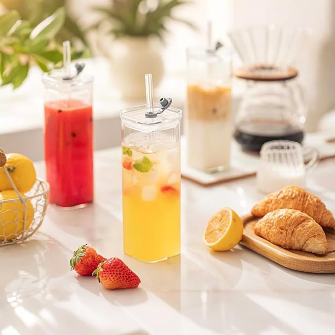 6 Sets Glass Cups with Lids & Straws, Square Ribbed Drinking Glasses with Lids, Clear Highball Tumblers for Cocktail, Coffee, Juice, Beer, Modern Mixed Drinkware Jars