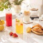 6 Sets Glass Cups with Lids & Straws, Square Ribbed Drinking Glasses with Lids, Clear Highball Tumblers for Cocktail, Coffee, Juice, Beer, Modern Mixed Drinkware Jars