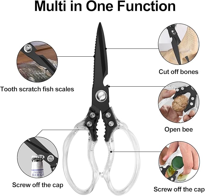 CGBE Kitchen Scissors, Multi-Purpose Kitchen Shears, Heavy Duty Food Scissors for Chicken, Poultry, Fish, Meat & Herbs with Non-Slip Grips (Transparent Black)