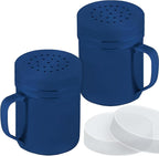 CUSINIUM 6oz Navy Blue Stainless Steel Salt Pepper Dredge Shakers - With Plastic Cap - With Handle - Pack of 2