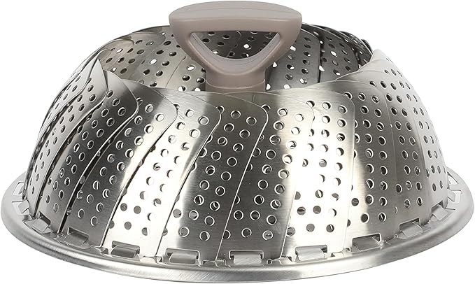 Martha Stewart Richburn 10.6-Inch Telescopic Folding Steamer Insert with Nylon Handle – Mirror Finish, Durable Stainless Steel Vegetable and Food Steamer