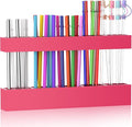 9.5” Large Acrylic Straw Holder for Cabinet Door, Reusable Adjustable Two-Part Straws Organizer with Ultra Sticky Adhesive Strips, 2026 Straw Storage for Kitchen Cupboard (Hot Pink)