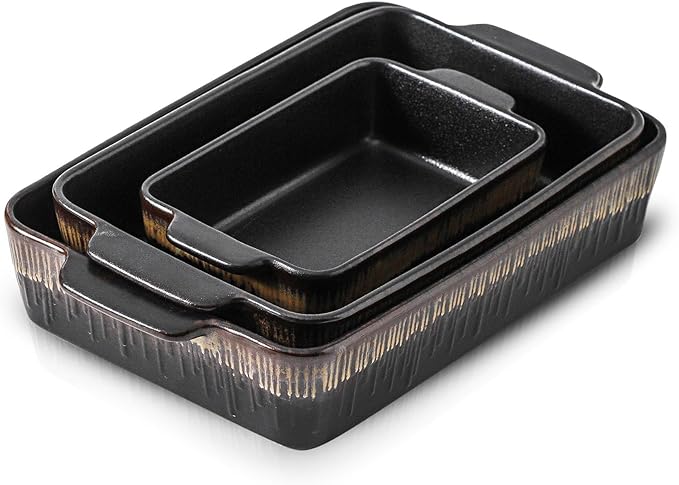 KOOV Bakeware Set, Ceramic Baking Dish, Rectangular Baking Pans Set, Casserole Dish for Cooking, Cake Dinner, Kitchen 9 x 13 Inches, 3-Piece, Stripe Series (Rough Black)