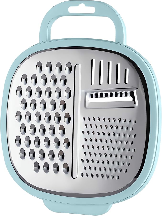 3 in 1 Vegetable Slicer with Storage Box, Stainless Steel Cheese Box Grater, Food Chopper, Wave Cutter, Kitchen Multi-Purpose Grater for Potatoes, Carrots, Zucchini, Onions... (Light Blue)