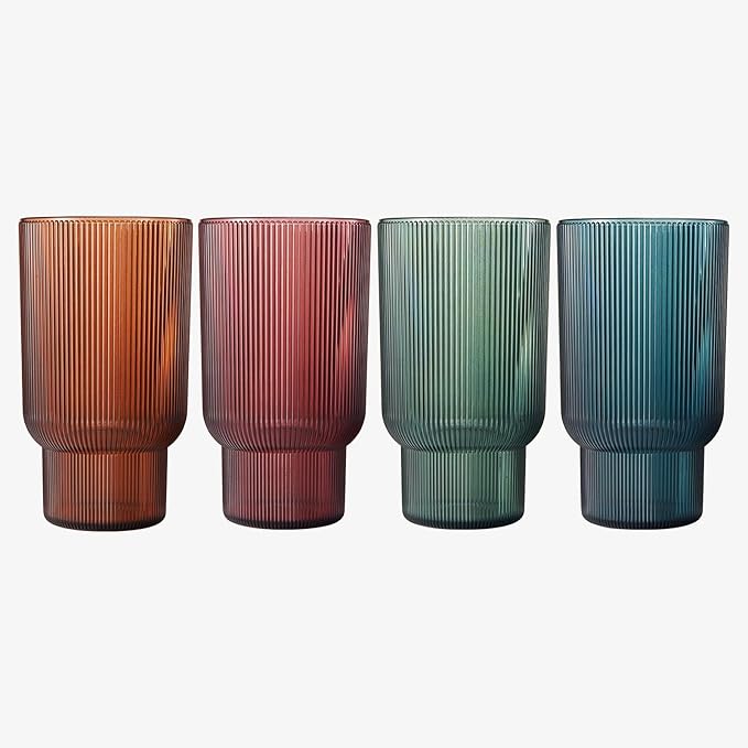 Khen Shatterproof Acrylic Tall Drinking Glasses Set, European Style, Dishwasher Safe, Ribbed | Set of 4 | Fluted Tritan Drinkware, Unbreakable BPA-free Plastic, Reusable Stackable Glassware 14.5oz