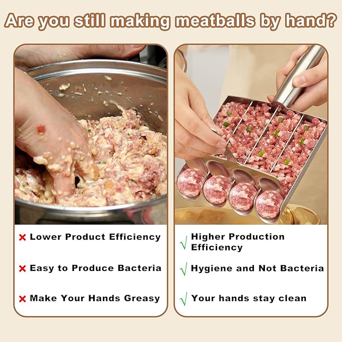 4-Tube Meatball Maker Tool, Stainless Steel Creative Kitchen Making Mold Set with Cutting Spoon, Diy Easy Quick for Meatballs Lover, Washable Home Cooking Tools
