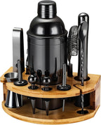 Cocktail Shaker Set Bartender Kit with Stand, 12 Piece Bar Set Drink Mixer Set with Stainless Steel Bar Accessories Tools: 25oz Martini Shaker Jigger Strainer Spoon Muddler for Cocktails (Black)