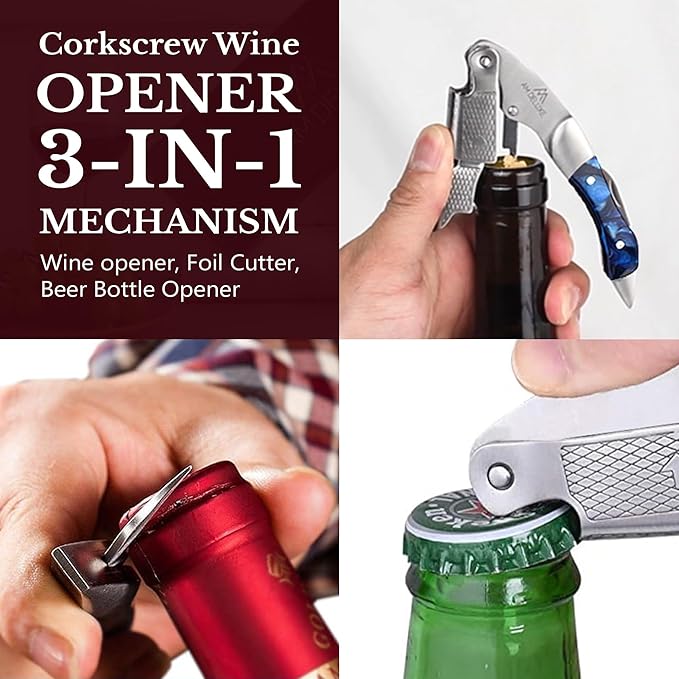 Waiters Corkscrew Wine Opener - Double-Hinged Fulcrum 3-In-1 Cork Screw Wine Bottle Opener Heavy Duty Stainless Steel & Sapphire Resin. Serrated Foil Cutter. Beer Opener. Magnetic Gift Box