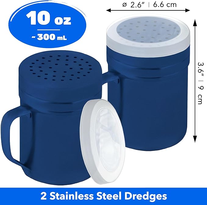 CUSINIUM 10oz Navy Blue Stainless Steel Salt Pepper Dredge Shakers - With Plastic Cap - With Handle - Pack of 2
