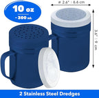 CUSINIUM 10oz Navy Blue Stainless Steel Salt Pepper Dredge Shakers - With Plastic Cap - With Handle - Pack of 2
