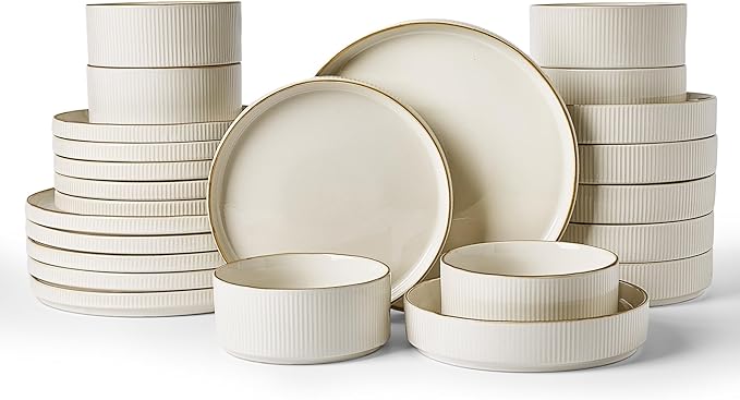 Famiware Star 24-Piece Stoneware Dinnerware Set with Trim, Service for 6 - Shallow Pasta Bowls & Flat Plates, Dishes for Everyday & Formal Use, Chip/Scratch Resistant, Microwave/Dishwasher Safe, White