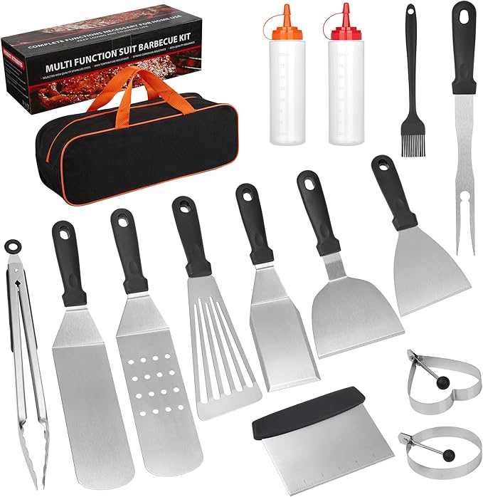 Flat Top Griddle Accessories Kit, 15 Pcs Stainless Steel Barbecue Tool Set for Blackstone and Camp Chef, Grill Spatula Tools Set with Egg Ring, Squeeze Bottles, Sauce Brush, for Teppanyaki Hibachi