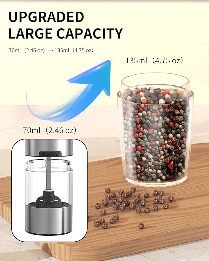 CIRCLE JOY Gravity Electric Pepper Grinder Rechargeable Salt Grinder Pepper Griner Mill Electric with LED Light, No Battery Needed, Adjustable Coarseness, Washable 135ml Container, Black
