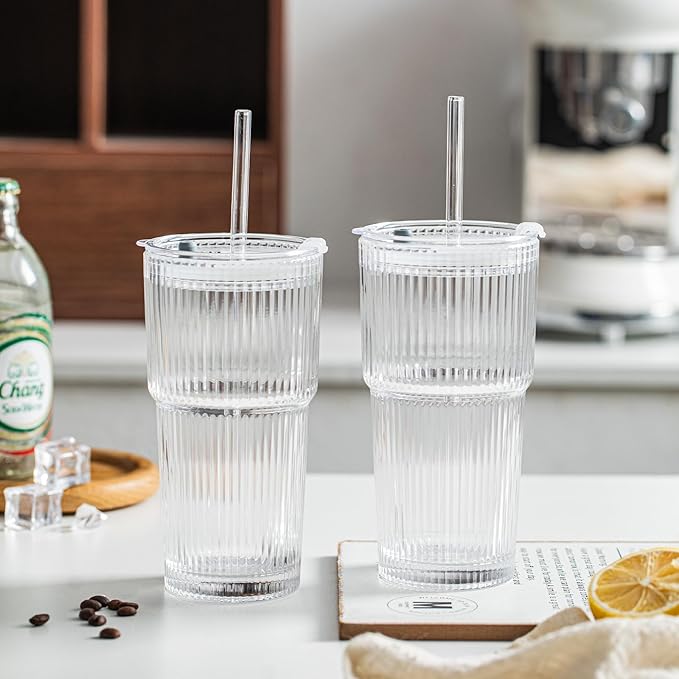 INSETLAN 6-Piece Glassware Set – 20 oz Ribbed Glass Tumblers with Lids and Glass Straws, Heavy-Duty Tumblers, Ideal for Iced Coffee, Smoothies, Cocktails, and Juices – Elegant and Durable Drinkware
