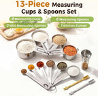 13PCS Measuring Cups and Spoons Set, Premium Heavy Duty Steel Measuring Spoons Cups Set with Metric and US Measurements, Set for Measuring Dry and Liquid Ingredients