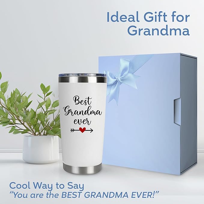 Christmas Gifts For Grandma, Best Grandma Ever Tumbler 20oz – Grandmother Present for Birthday, Mothers Day – First Time Grandmas Coffee Cup From Grandkids, Granddaughter Or Daughter