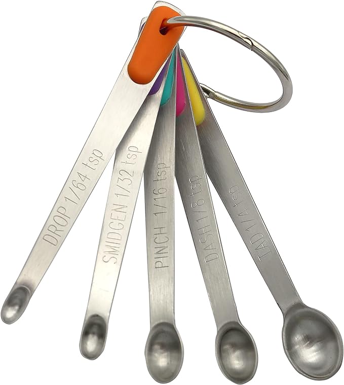 Mini Measuring Spoons Set, Tiny Stainless Steel Measure Teaspoons with Silicone Handle, Suitable for Small Amount of Dry or Liquid Ingredients and Spices (1/64, 1/32, 1/16, 1/8, 1/4 tsp)