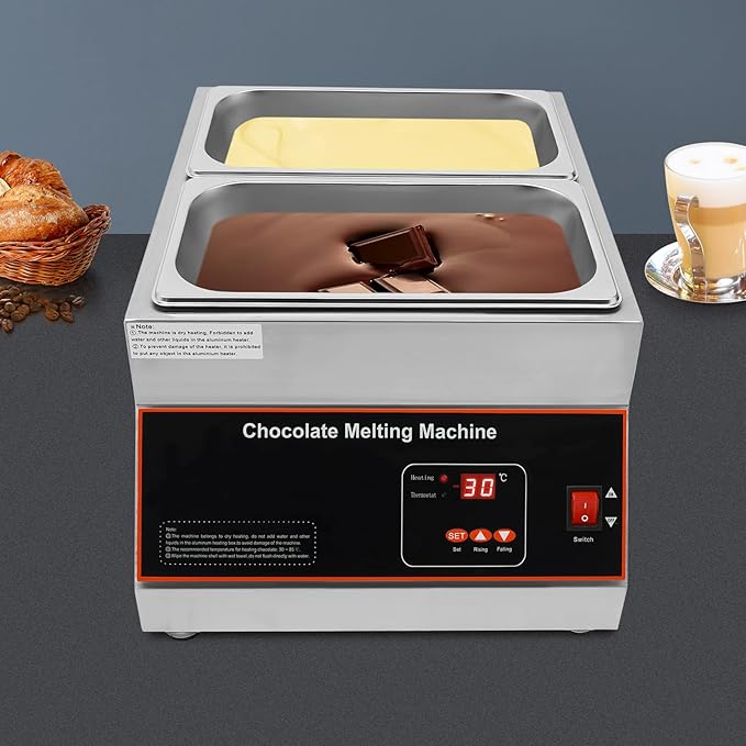 Chocolate Melting Pot, 500W 12kg/26.5lbs Electric Chocolate Tempering Machine, Stainless Steel Commercial Chocolate Melter Food Warmer for Catering Restaurant, 2 Tanks, 32-203°F