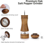Wood Salt and Pepper Grinder, Salt Grinder and Pepper Mill, Oak Wood Shakers with Adjustable Ceramic Grinders (6″ - 1 Pack with Tray)