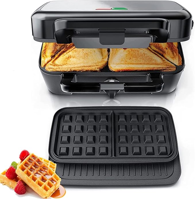 FOHERE Sandwich Maker 3 In 1 Waffle Maker With Removable Plates,1200W Grilled Cheese Maker, 5-gear Temperature Control, Non-stick Coating Easy to Clean, Indicator Lights, Silver/Black