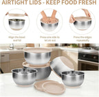 Deedro Premium Mixing Bowls with Airtight Lids Set, 22Pcs Thicker Stainless Steel Mixing Bowl Set, Large Prep Metal Bowls, Non-Slip Silicone Base Nesting Bowls for Kitchen, 1.5/2/3/4/5 QT, Khaki