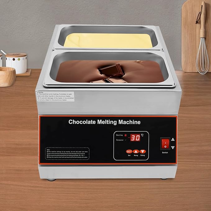 Chocolate Melting Pot, 500W 12kg/26.5lbs Electric Chocolate Tempering Machine, Stainless Steel Commercial Chocolate Melter Food Warmer for Catering Restaurant, 2 Tanks, 32-203°F